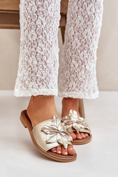 Klapki Z Ozdobą Skóra Naturalna Zazoo 3667 Złote