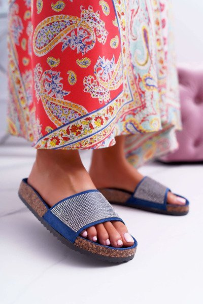 Damskie Klapki Na Korku Z Kryształkami Granatowe Do It!