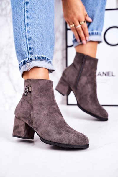 Klasyczne Damskie Ocieplane Botki Na Słupku Szare Success