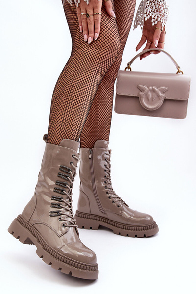 Lakierowane Damskie Botki Workery Sznurowane Ciemnobeżowe S.Barski MR870-72