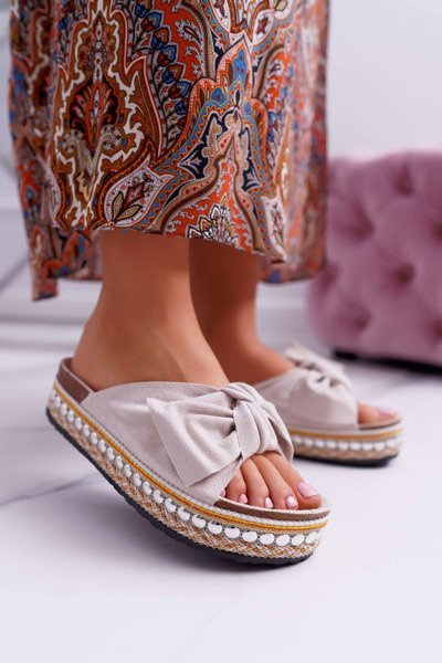 Klapki Damskie Z Kokardami Gruba Podeszwa Beżowe Milady