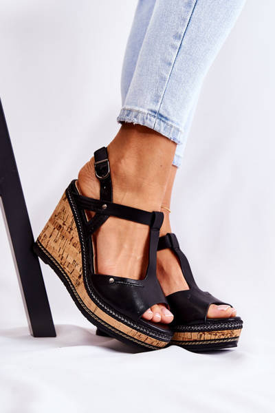 Klasyczne Skórzane Sandały Na Koturnie Czarne Valorin