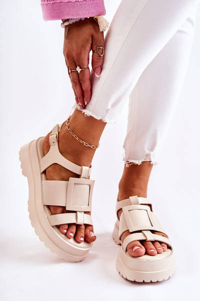 Damskie Skórzane Sandały Na Platformie Beżowe Corene