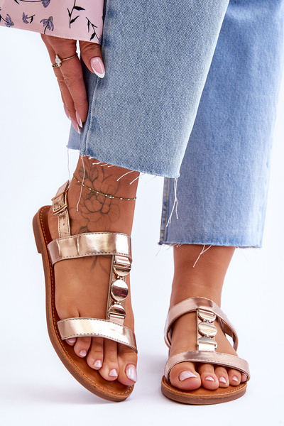 Damskie Płaskie Sandały Z Ozdobnym Paskiem Złote Berry