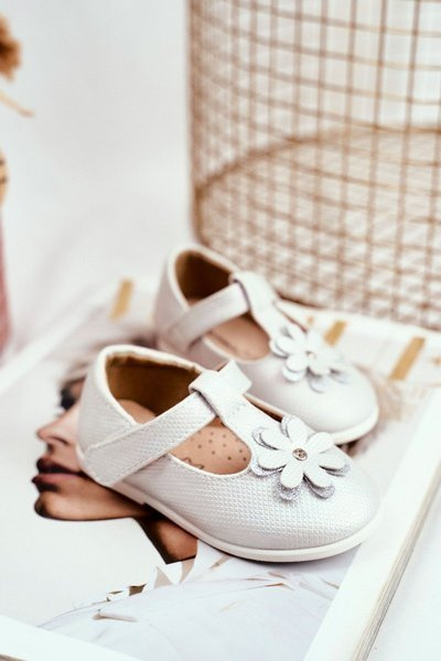 Balerinki Dziecięce na Rzepy Kwiatuszek Srebrne Antrela