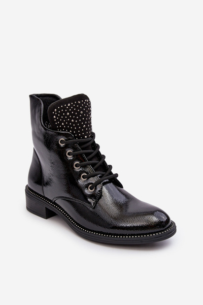 Zdobione Lakierowane Niskie Botki Damskie Czarne Hattia