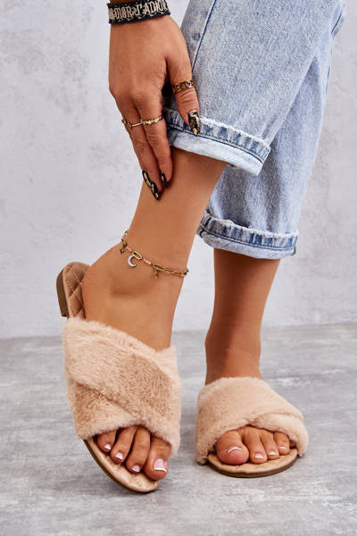 Damskie Klapki Na Płaskim Obcasie Z Futerkiem Nude Lussie