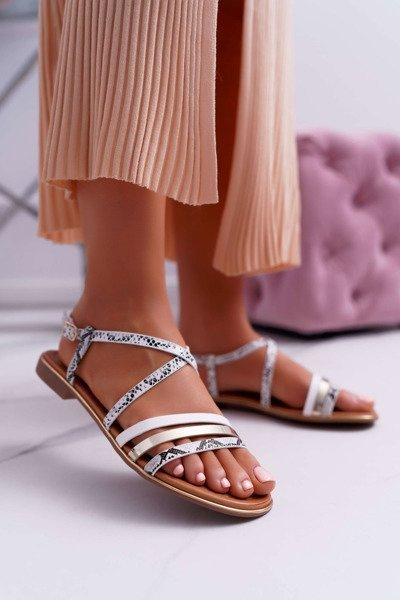 Sandały Damskie Płaskie Skóra Węża Białe Dahira