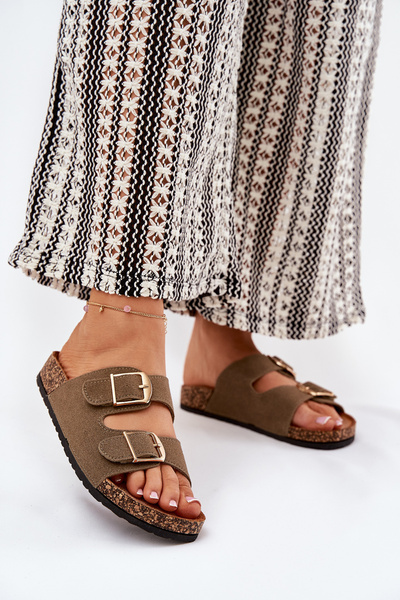 Klapki Damskie Na Korkowej Platformie Ze Złotymi Klamrami Zielone Lisavionea