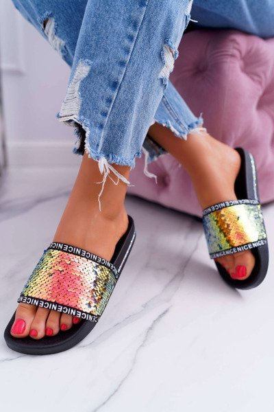 Damskie Klapki Złote Opalizujące Nice