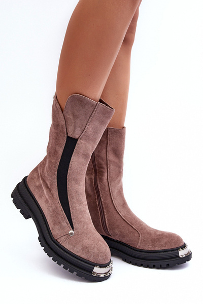 Zamszowe Ocieplane Botki Na Płaskim Obcasie Ciemnobeżowe Palimra