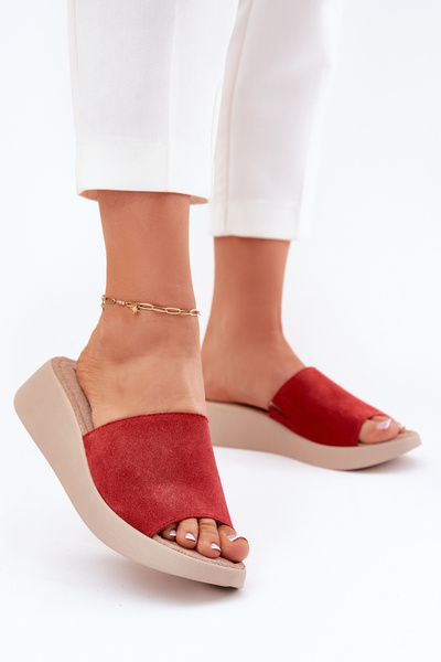 Zamszowe Klapki Damskie Na Koturnie Panto Fino RR267040 Czerwone