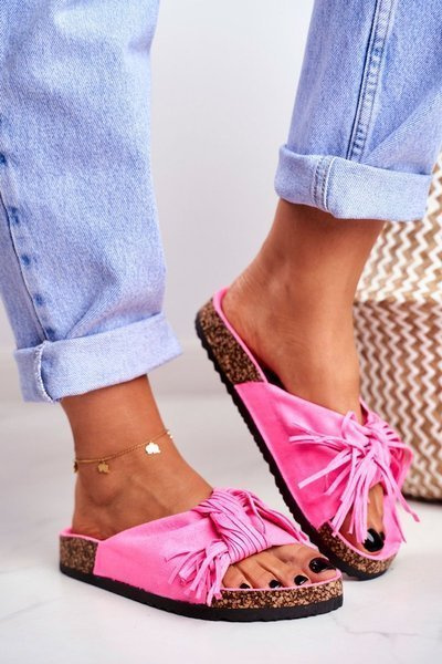 Damskie Różowe Fluo Klapki Na Korku Frędzle Marina