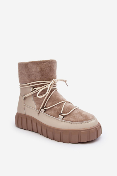 Skórzane Śniegowce Botki Na Platformie Beżowe Maxava