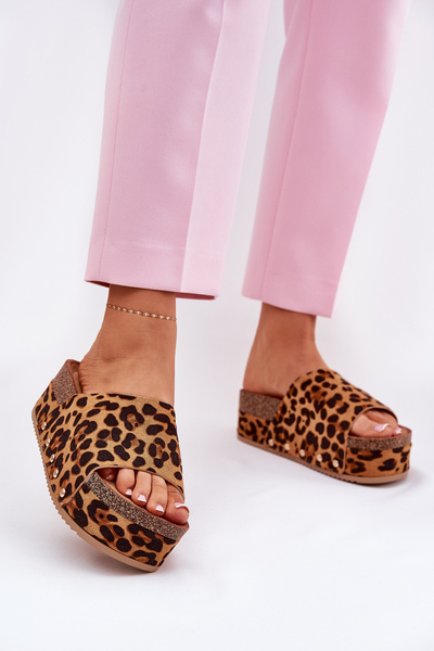 Klapki Damskie Na Masywnej Platformie Eko Zamszowe Panterka Brązowe Vinnibe