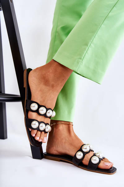 Damskie Skórzane Klapki Z Ozdobnymi Perełkami Czarne Lasello