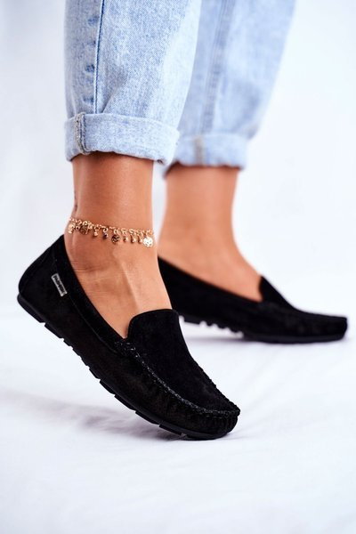 Mokasyny Damskie Skóra Zamsz Czarne Papito