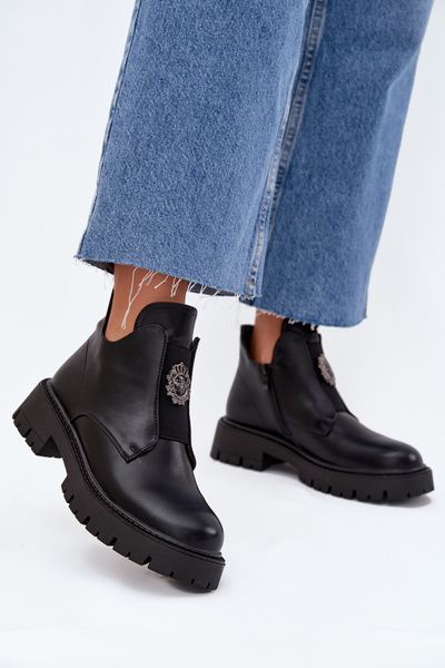 Ocieplane Niskie Botki Damskie Z Ozdobą Na Zamek Czarne Lavira