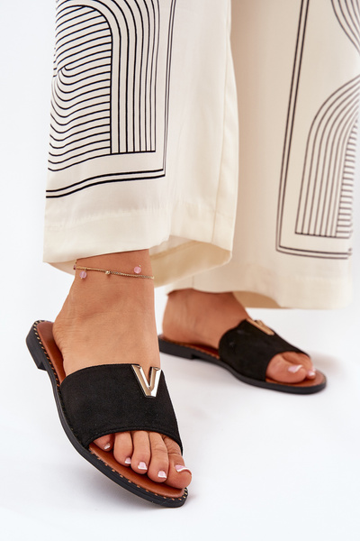 Klapki Damskie Na Płaskim Obcasie Z Ozdobnymi Detalami Czarne Saliena