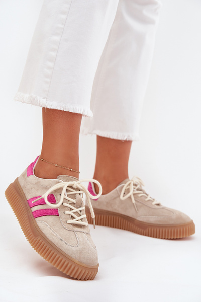 Zamszowe Sneakersy Damskie Na Platformie Beżowo-Różowe Cavira