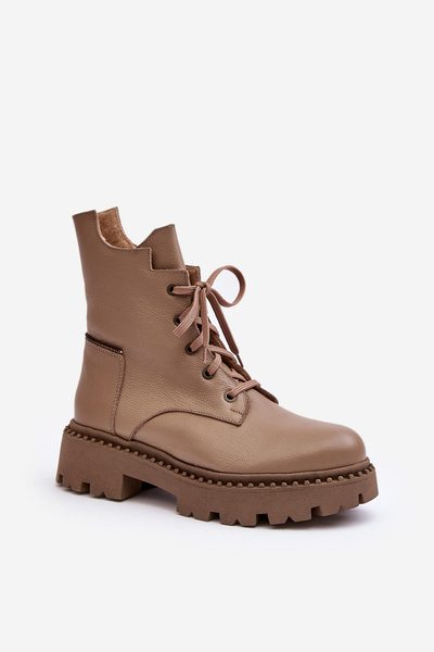 Skórzane Botki Trapery Damskie Na Suwak Zazoo 949P Ciemnobeżowe