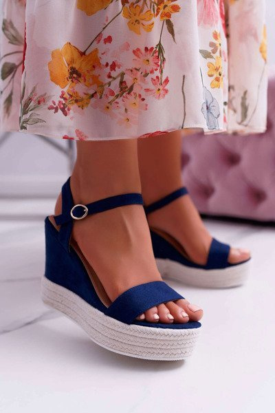Sandały Damskie Na Koturnie Lniane Granatowe Liviana