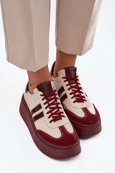 Skórzane Sneakersy Damskie Na Platformie Zazoo 3775 Beżowo-Bordowe