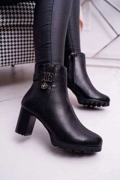 Damskie Botki Na Słupku Ocieplane Czarne Teleni