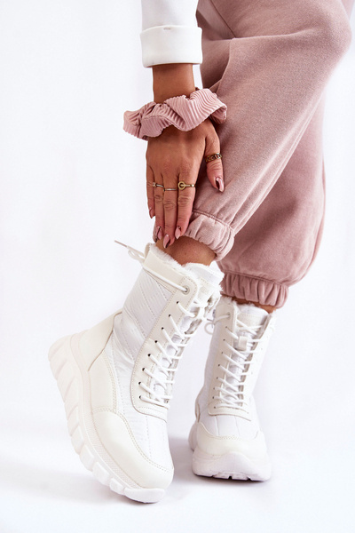 Damskie Sznurowane Botki Śniegowce Na Platformie Biało-Beżowe Anubi