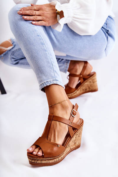 Klasyczne Skórzane Sandały Na Koturnie Brązowe Valorin