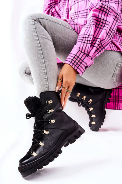 Ocieplane Skórzane Botki Trapery Czarne Cateline