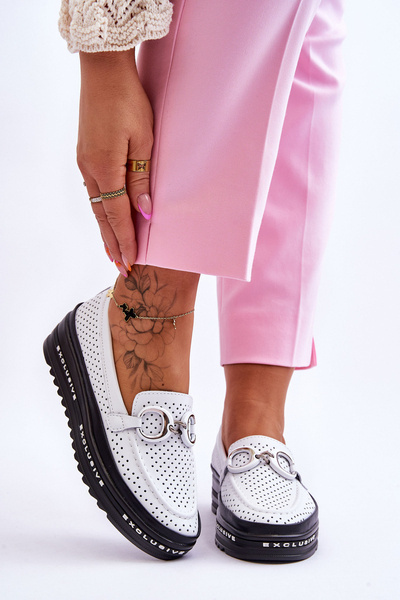 Klasyczne Skórzane Ażurowe Mokasyny Z Ozdobą Białe Rendy