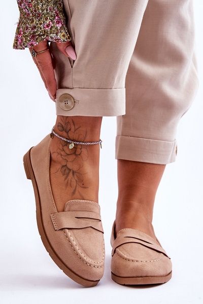 Wygodne Zamszowe Damskie Mokasyny Ciemnobeżowe Lucca