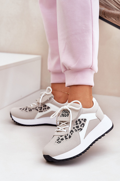 Buty Sportowe Sneakersy Damskie Na Platformie Panterka Biało-Beżowe Pumbes