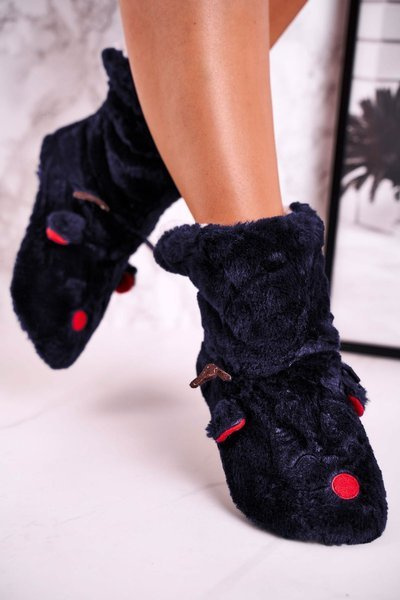 Świąteczne Papcie Z Reniferem Ocieplone Kożuszkiem Granatowe Rudolph