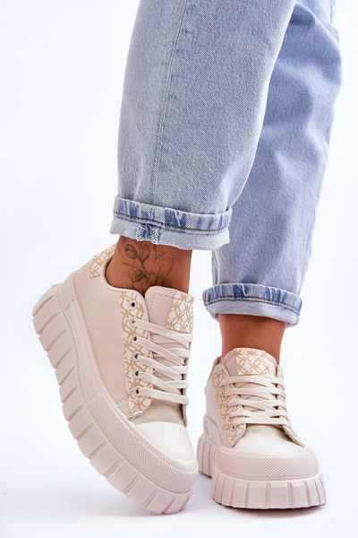 Damskie Skórzane Buty Sportowe Na Platformie Beżowe Alison