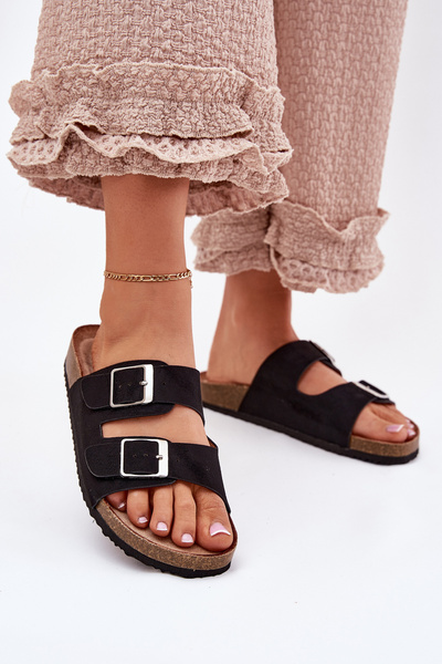 Klapki Damskie Na Korkowej Platformie Klamry Czarne Evisolla