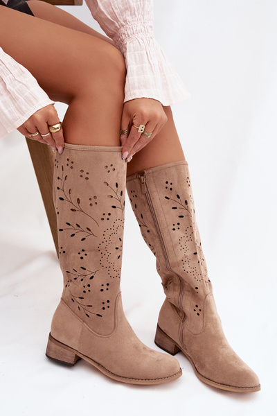 Ażurowe Kozaki Damskie Na Klocku Khaki Helinna