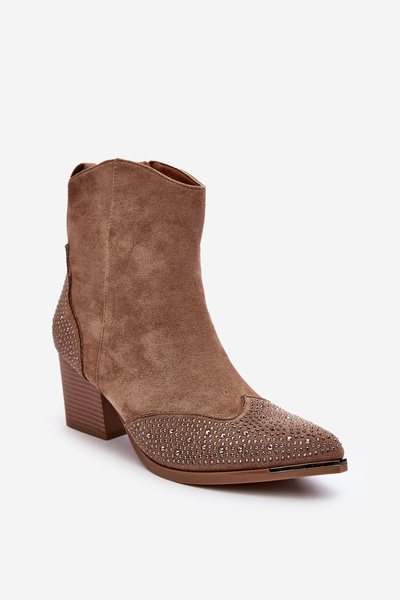 Damskie Zdobione Botki Kowbojki Na Słupku Beżowe Eleduana