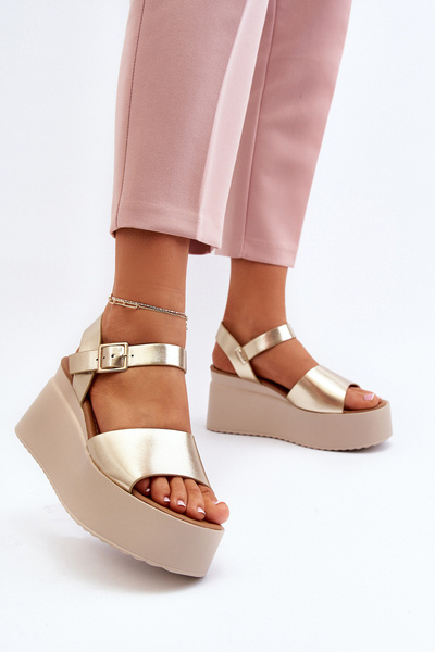 Damskie Sandały Na Koturnie Złote Geferia