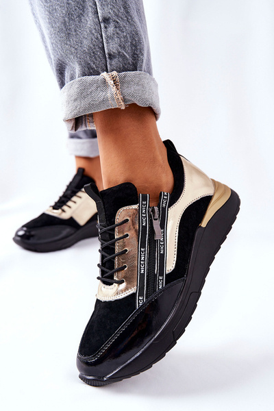 Skórzane Sportowe Buty Sneakersy Czarno Złote Minor