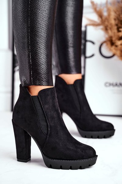 Botki Damskie Wsuwane Na Słupku Eko-Zamsz Czarne Berry