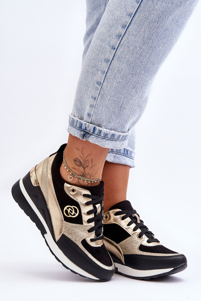 Damskie Sznurowane Buty Sportowe Na Koturnie Czarno-Złote Genova