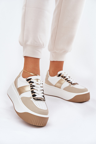 Sneakersy Damskie Na Masywnej Platformie Zwierzęcy Wzór Beżowo-Złote Telanila