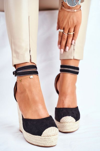 Sandały Damskie Na Koturnie Lniane Czarne Canterola