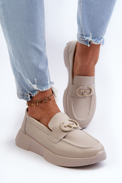Skórzane Mokasyny Damskie Na Platformie Beżowe S.Barski LR490