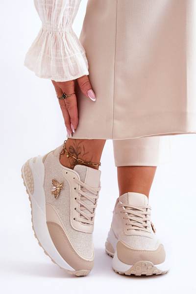Błyszczące Buty Sportowe Z Ozdobą Beżowe Seneca