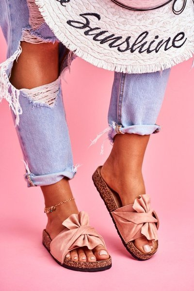 Damskie Klapki Na Korku Kokardki Beżowe Felis