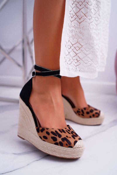 Sandały Damskie Na Koturnie Lniane Leopard Canterola
