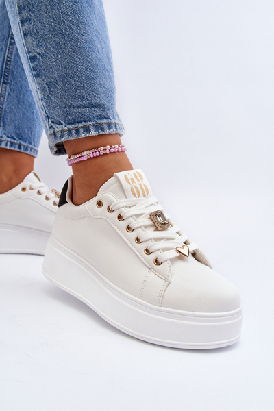 Sneakersy Damskie Na Platformie Z Ozdobami Białe Herbisa